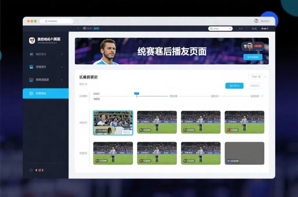 比赛结束后，电视屏幕展示集锦回放页面，旁边有时间轴和多角度切换提示